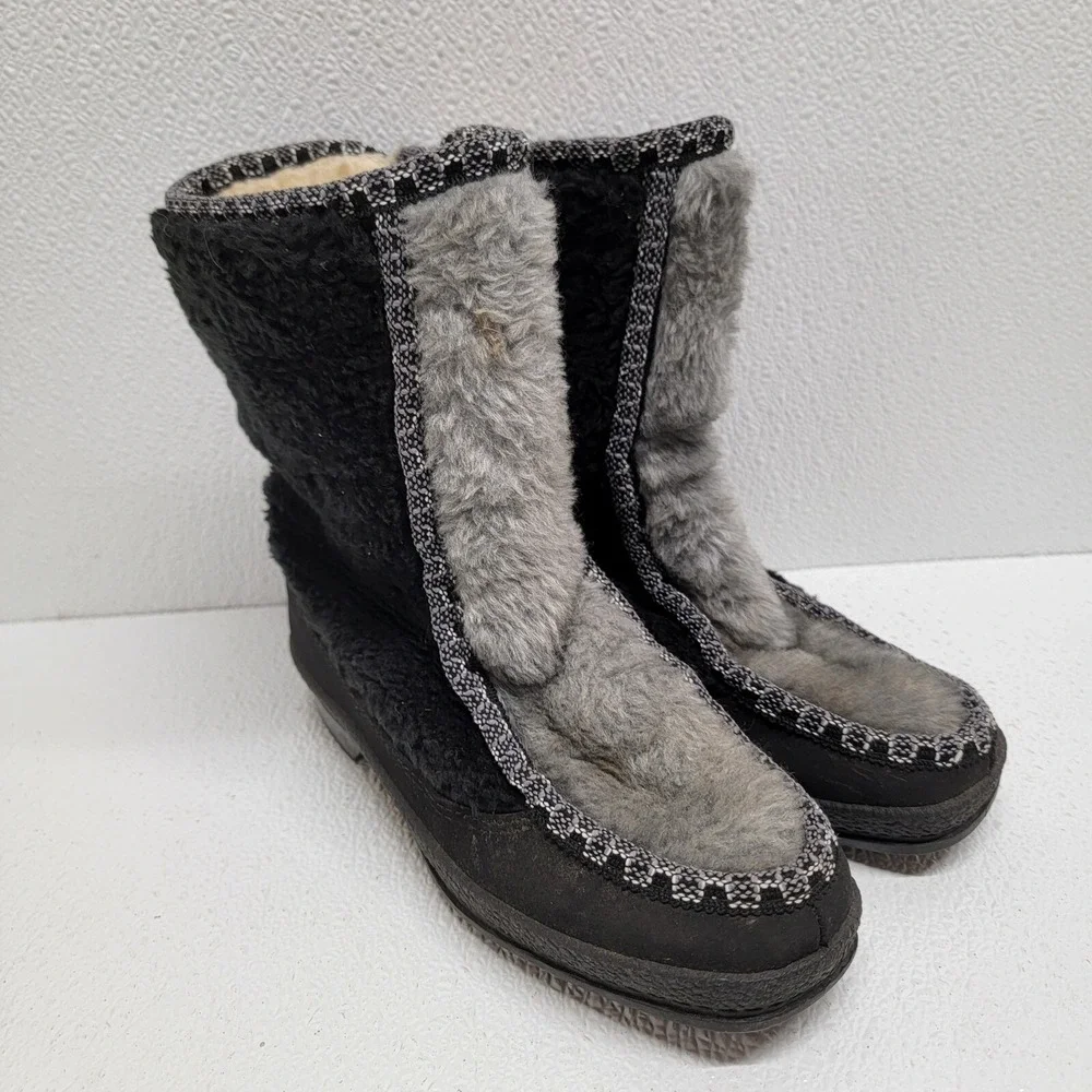 Vintage SNOWLAND Women's Faux Fur Lined Zip  Up Snow Boots Black Gray Size 5